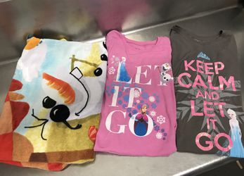 Lot of 3 - 2 Frozen Girls Pink and Gray Shirts (L/XL) and Olaf Beach Towel - Good Condition