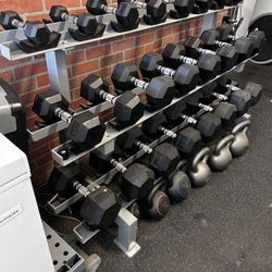 Like New Complete Set Hex Rubber Dumbbells 5-70 Lbs  + Rack 