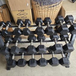5lb through 50lb Rubber Hex Dumbbell Set With Rack 