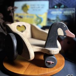Vintage Handmade Wooden Duck Pull Toy – Folk Art Carved Cart with Wheels