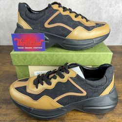 NEW Gucci Rhyton Maxi GG Supreme Black Khaki Beige Size 8.5 UK / 9 US 725932-FAA1P-1155 Men’s Designer Shoes Made in Italy OG Rare / MSRP $890