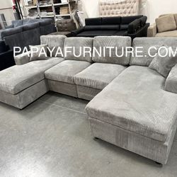 New Grey 120”L Double Chaise Sectional Sofa, Corduroy Sectional, U-Shaped Sectional, Grey Sectional With Chaise, Soft Plush Sectional,Sofa,Sectional C