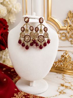 Gold-Tone Kundan Chandelier Earrings with Red Beads nd blue
