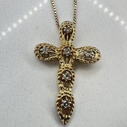 🙏 Stunning 14K Yellow Gold Box Link Chain, Diamond Cross Pendant