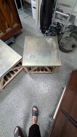Industrial style wood and metal end tables. $15 each ( coffee table not available)