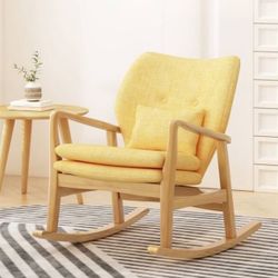 Solid Wood Rocking Chair Lazy Rocking Chairs High-Back Cushioned Rocking Chairs Living Room Rocking Chairs with Linen Cushion - Yellow
