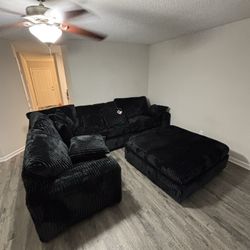 NEW BLACK OVERSIZED CORDUROY MODULAR SECTIONAL W/ OTTOMAN –