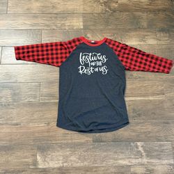 Christmas Shirt “ Festivus For The Rest Of Us “  Plaid Sleeves Gray Womens Large worn 3 times CUSTOM MADE  Pick up in Deer Park Texas 77536 