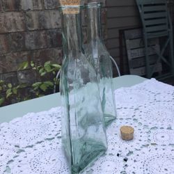 Pair Of Sea Green Glass Bottles