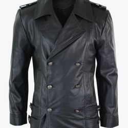 Mens Mid Length German Sailors Marine Goth Punk Double Breasted Real Leather Jacket