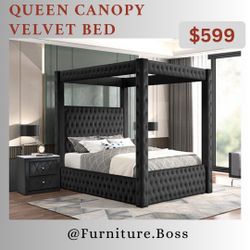 Canopy Bed - Gray, Black, Beige Tufted Fabric - Mattress Sold Separately 