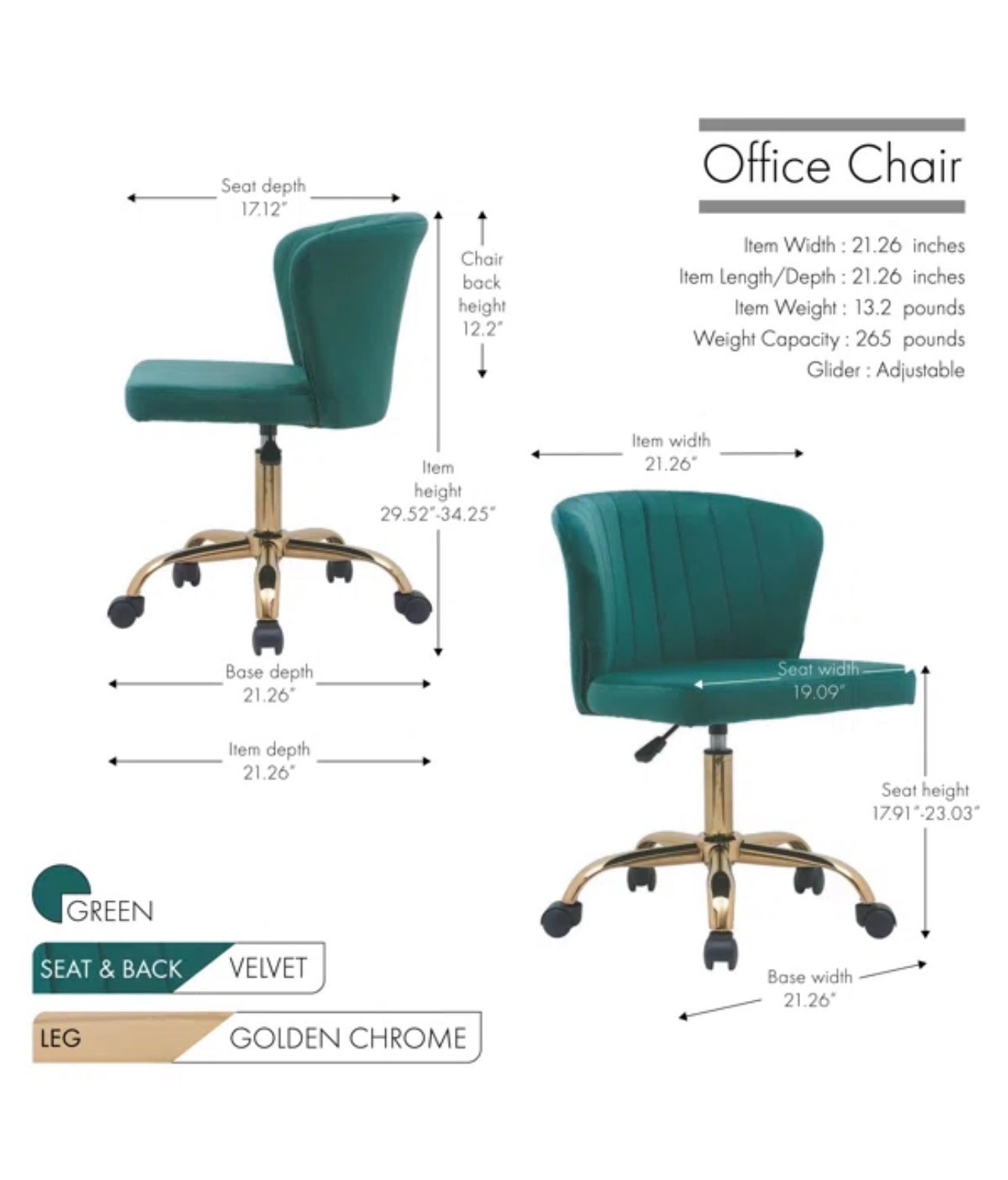 Green Velvet Office Chair With Golden Chrome Legs