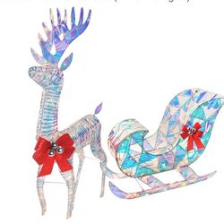 Iridescent Christmas Reindeer and Santa Sleigh Set - Lighted Christmas Yard Decoration New In Box
