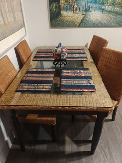 Wicker and Glass Dining Table with 4 Chairs