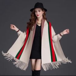 women winter new fringed stripe sleeve cape double sided thickened big scarf. Condition is New with tags. Shipped with USPS Ground Advantage.