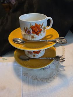 Vtg Floral Teacup Demitasse Set Marked Pagnossin Treviso Italy with Spoons