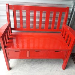 Red Painted Storage Bench With 3 Pullout Drawers 