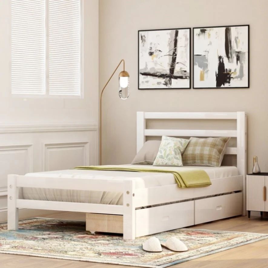 NEW White No Box Spring Needed Twin Bed Frame with Storage Drawers, Wood Twin Bed with Headboard for Kids Twin Storage Bed
