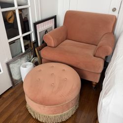 Peach Velvet Arm Chair And Ottomon