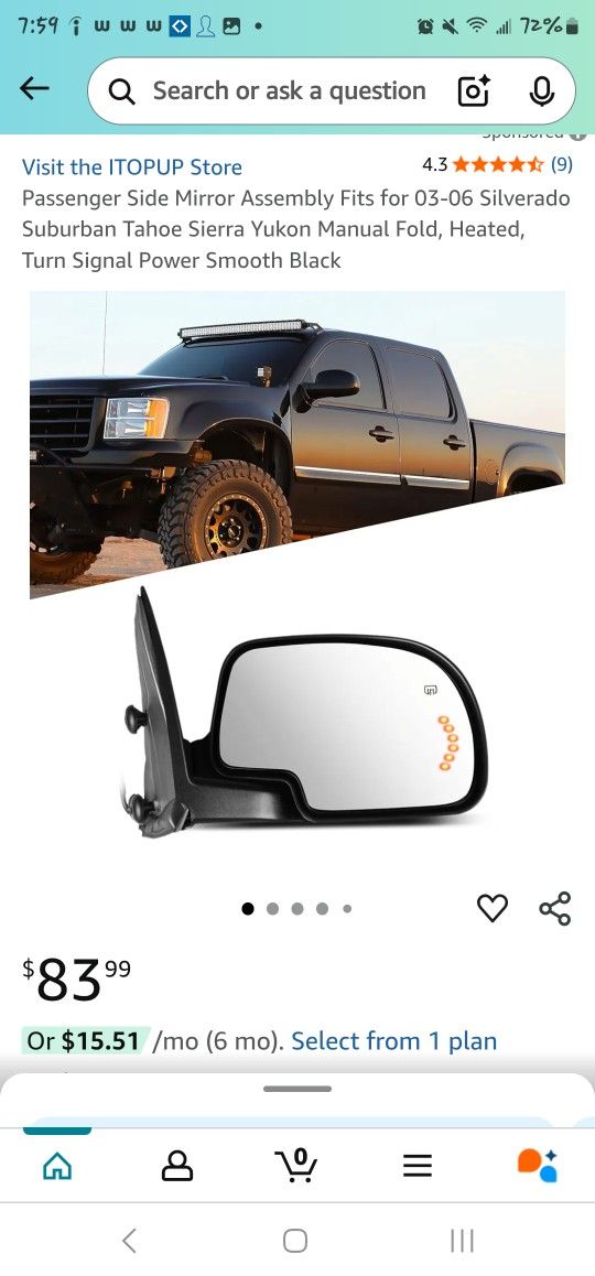 Passenger Side Mirror For 99 To 06 Chevy Or Gmc Truck Heated With Turn Signal