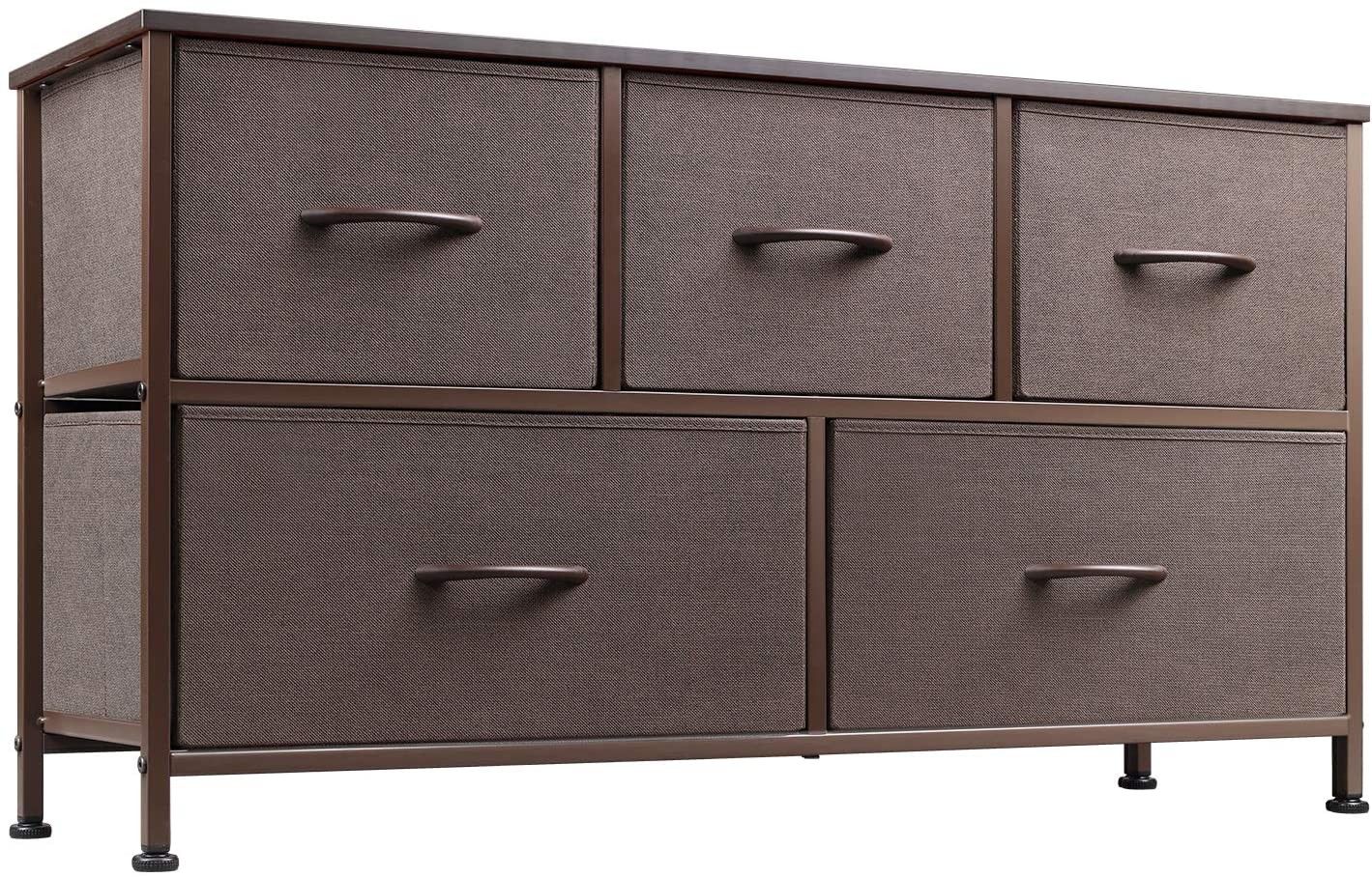 Dresser with 5 Drawers, Fabric Storage Tower, Organizer Unit for Bedroom, Hallway, Entryway, Closets, Sturdy Steel Frame, Wood Top