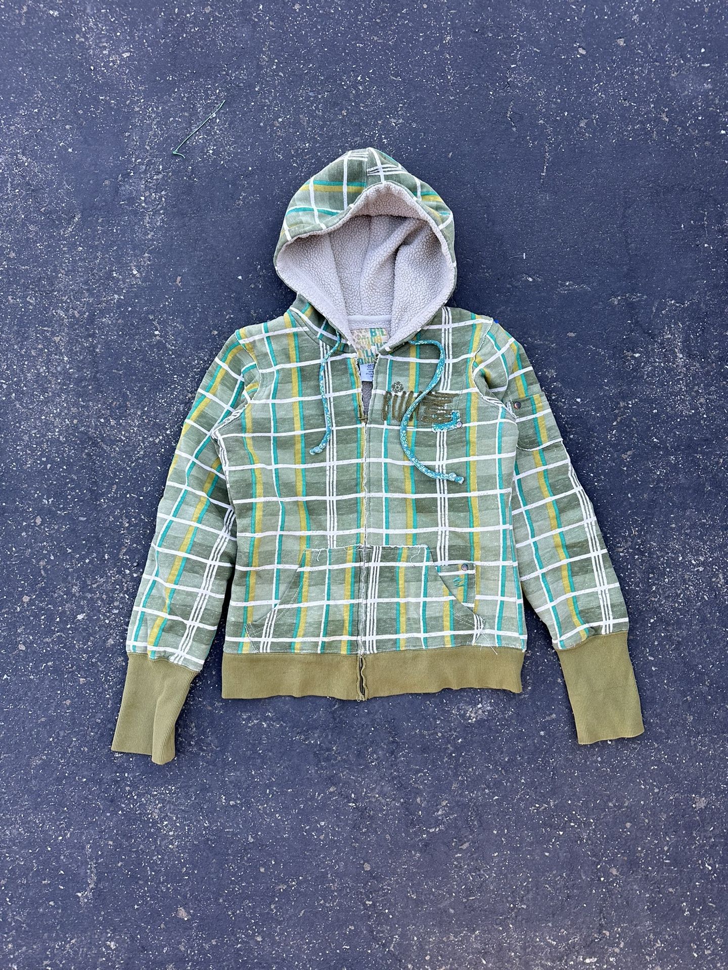 Y2K Billabong WOMEN SIZE S GREEN PLAID SHERPA LINED HOODIE/JACKET/SWEATSHIRT