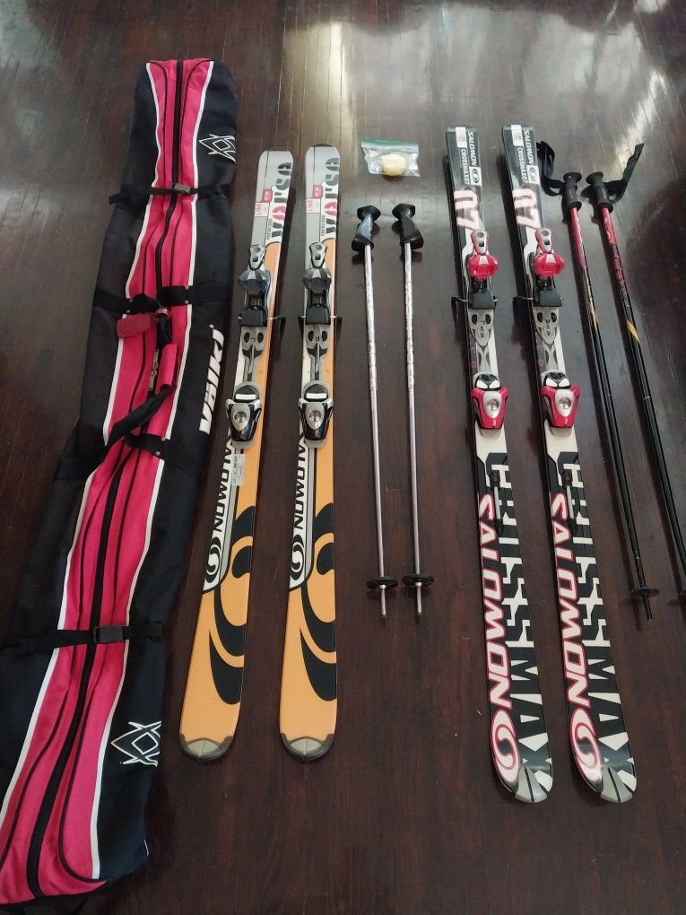 Skis Pairs Salmon x2, x2 Poles, Ski Suit Bag, Mint Condition