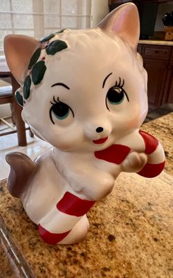 Vintage Style Hand Painted Christmas Candy Cane Kitty Ceramic Decorative Figurine