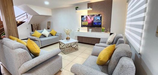 Gray Fabric Sofa Set with Yellow Accent Pillows