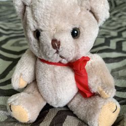 Vintage 1990's Light Brown Jointed 5" Mini Plush Bear With Red Ribbon Lixin Co