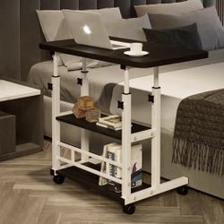 Overbed Bedside Table with Two Shelves and Wheels 31 1/2" Desk with Adjustable Height (Black)