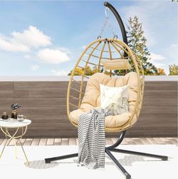 Egg Hanging Swing Chair with Stand Egg Chair Wicker Indoor Outdoor Hammock Egg Chair with Cushions 330lbs for Patio, Bedroom, Garden and Balcony, Beig