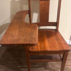 Vintage Antique Student Mission Oak Wood School Chair & Attached Desk