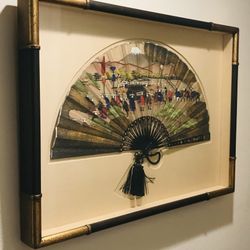 Antique Japanese Hand Painted Silk Folding Fan in Gilded Shadow Box Frame- 28" Wide