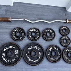 Vintage Weider International Weight Set of 9 + EZ Curl Bar