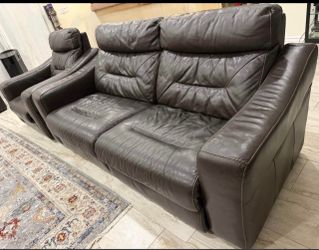 Dark Brown Leather Reclining Sofa and Chair Set
