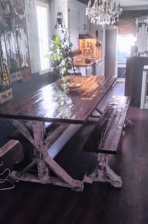 Sullivan's Woodworks Farmhouse Style Kitchen Table With Two Benches