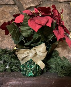 Artificial Poinsettia In 6” Pot With Green Foil Wrapping And Gold Bow