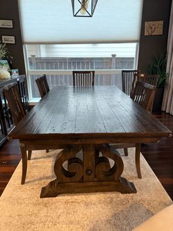Farmhouse Wood Dining Table with Scroll Trestle Base