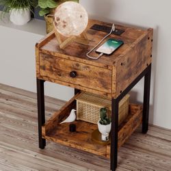 Nightstand, Bedside Table with Charging Station, Small End Table with Storage Drawer and Shelf for Bedroom and Living Room, Easy Assembly, Stable and 