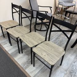 Set of 4 Modern Dining Chairs – Wood Seat & Black Metal Frame