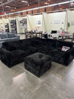 Brand new onyx black corduroy sectional sofa couch with ottoman