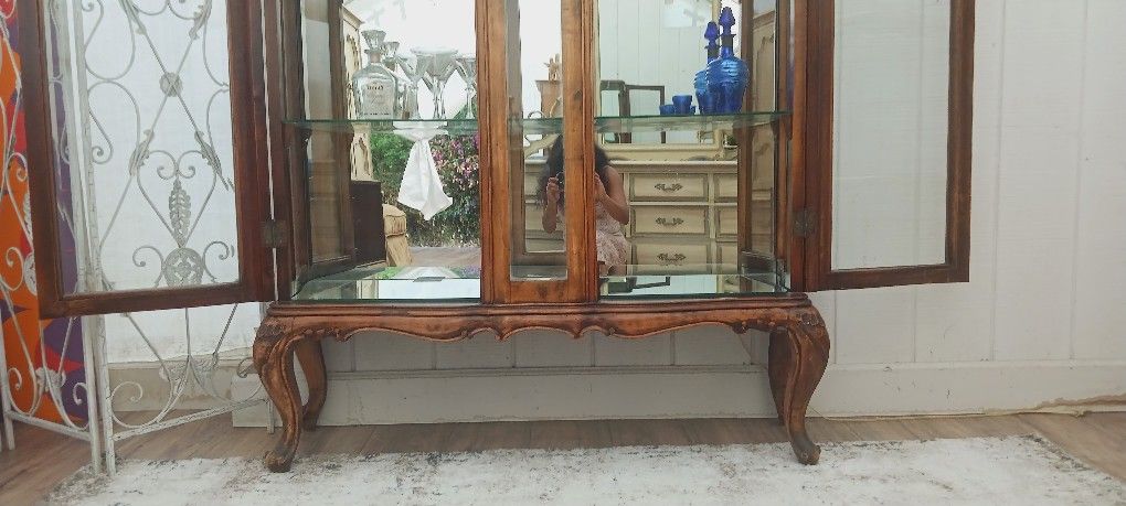Antique French Burlwood Mirrored China Cabinet, Display Hutch
