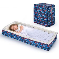 Toddler Travel Bed Foldable Floor Bed with Rails Washable Cover Ocean Blue