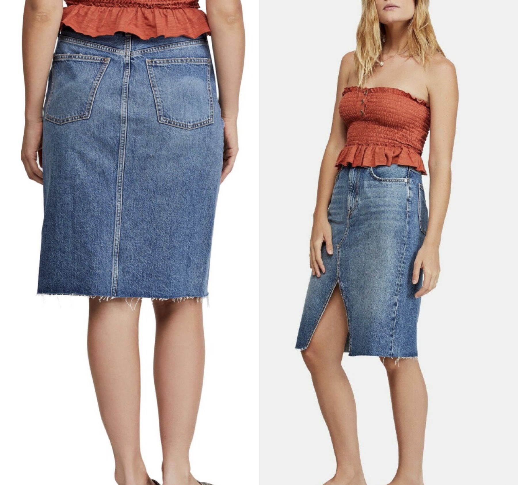 NWT $98 Free People Indigo Denim 5-Pocket Pencil Front Slit Knee Length Skirt 2