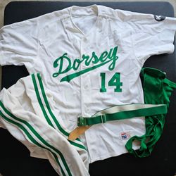 vintage Dorsey baseball uniform features a white jersey with green lettering and matching pants.