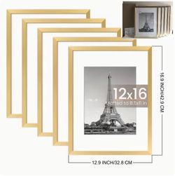 Brand New 5-Pack 12x16 Inches Gold Picture Frames Set - Matted for 8.5x11 Photo Wall Gallery