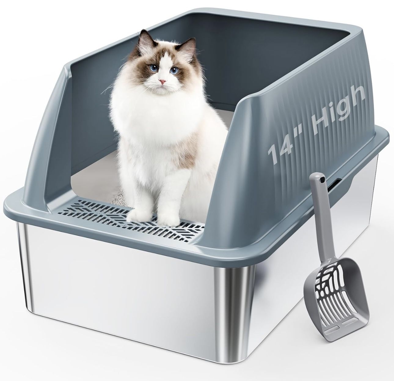 14" Stainless Steel Litter Box for Cats, XL Metal Litter Box for Large Cat, Extra Large Kitty Litter Box with High Sides for High Peeing Cat, Easy to