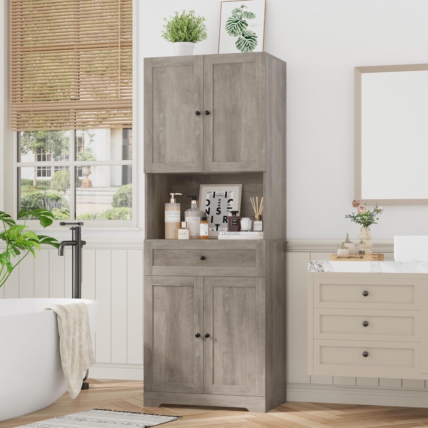 Tall Bathroom Storage Cabinets, Farmhouse Linen Cabinet with 4 Doors & Wide Shelves & Drawer, 67” Tall Storage Cabinet Freestanding for Bathroom, Dini