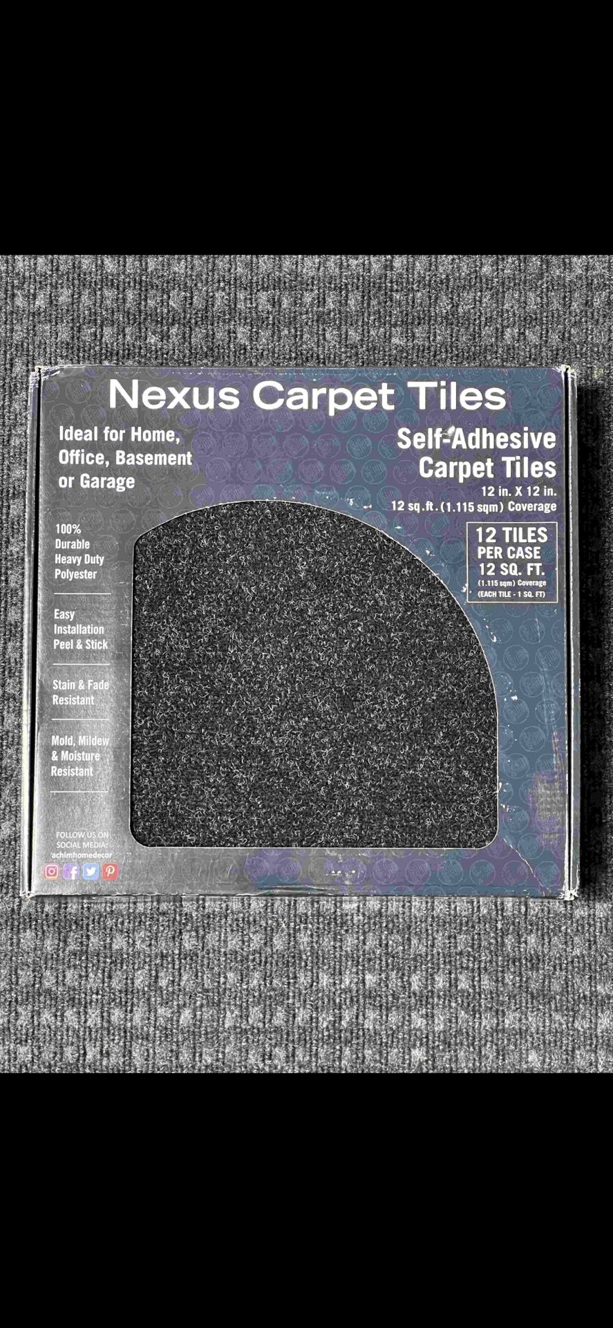 Self Adhesive Carpet Floor Tiles, 12 Tiles - 12” x 12" Jet Black - Peel & Stick, DIY (84sq Ft)
